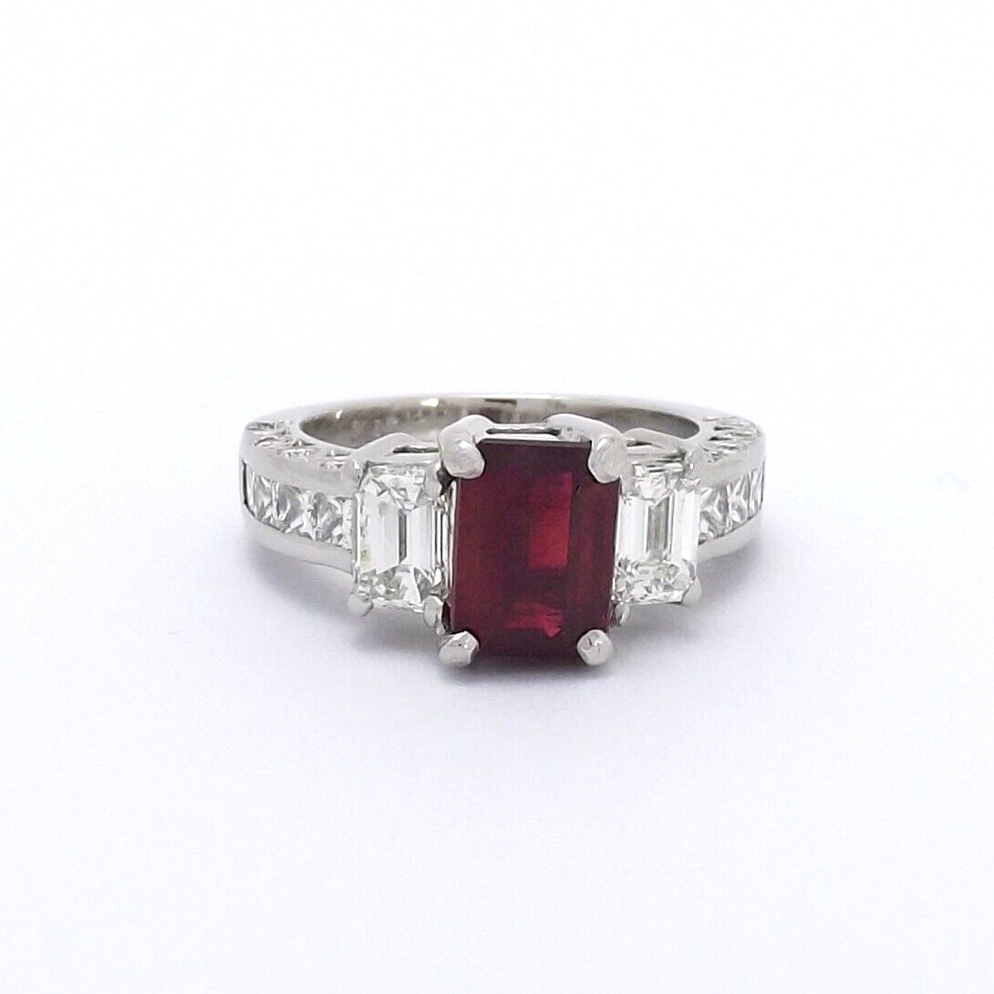 Platinum Emerald Cut Ruby Diamond Engagement Ring… - image 7