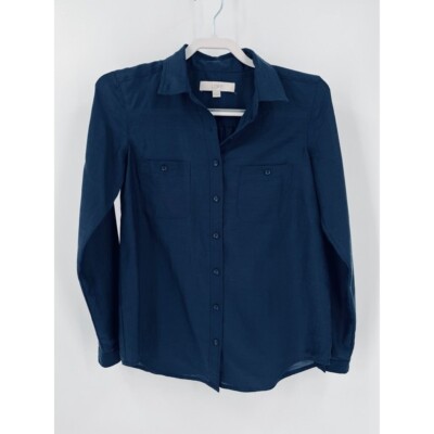 Loft Ladies Button Down Shirt XS Navy Long Sleeve Lightweight Capsule Wardrobe