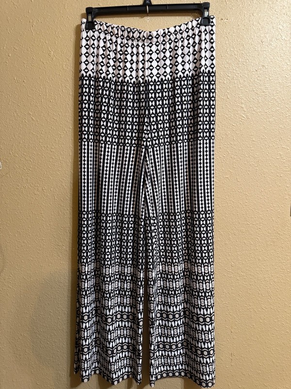 CHICO'S WIDE LEG PALAZZO PANTS CHICO'S SZ 1 (MED) BLACK TAN OFF WHITE PULL ON