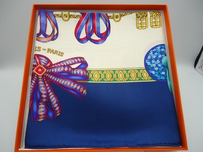 Hermès Carré 90 Scarf LES RUBANS DU CHEVAL Equestrian Silk Blue Orange with Box