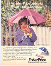 Vtg Print Ad Fisher Price Umbrella Pink Blue 1988 Kids Rain Gear Toy Ephemera
