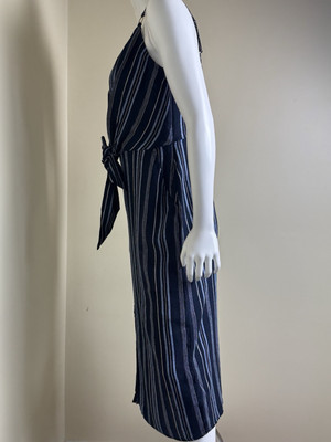 $129 Ellen Tracy Tie Front Linen Dress Navy White Stripe Sz L. (B.43) | eBay