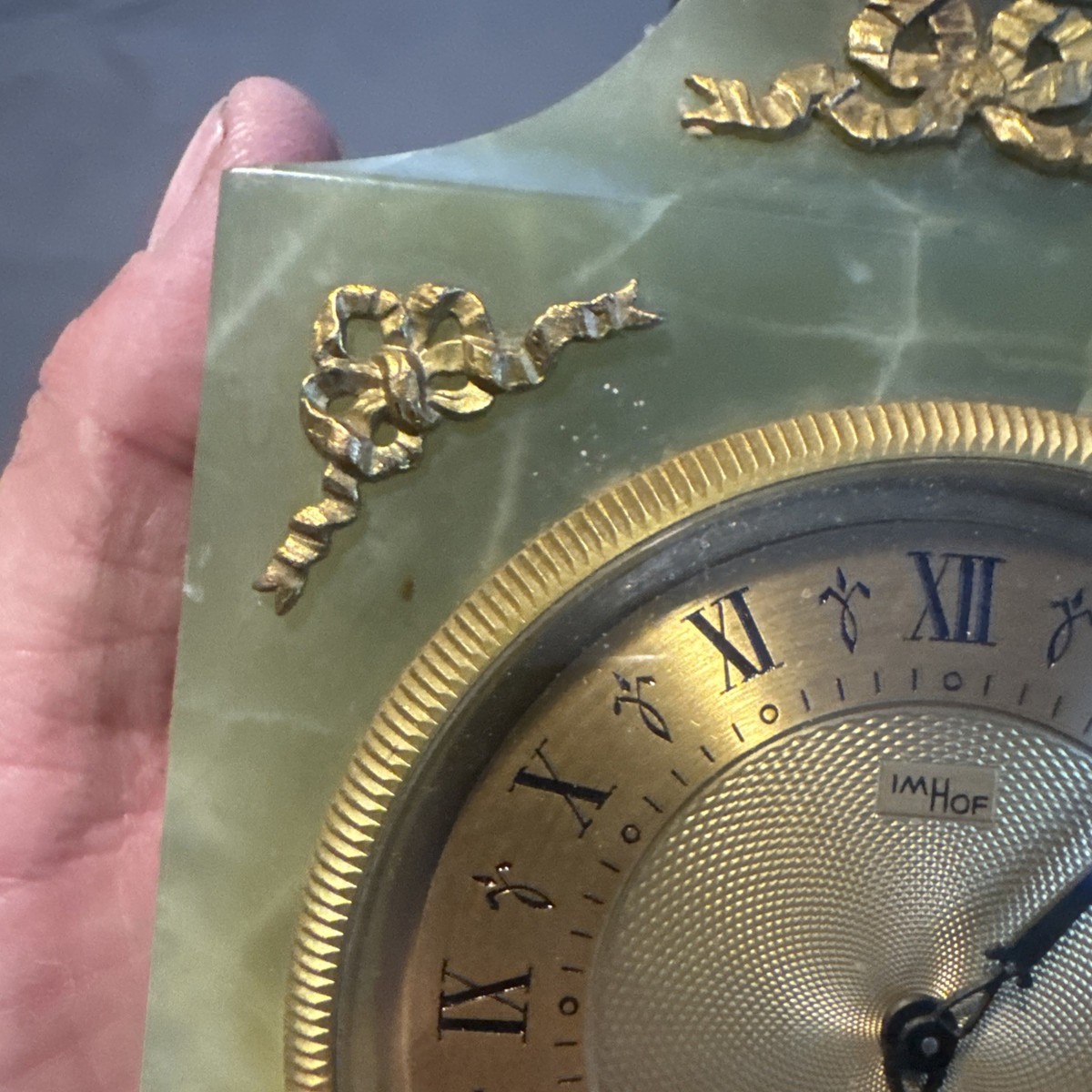 Imhof インホフ アンティーク時計 Bucherer 8days Vintage Swiss Bucherer Imhof 8 Day Alarm Clock Green Onyx Gilt