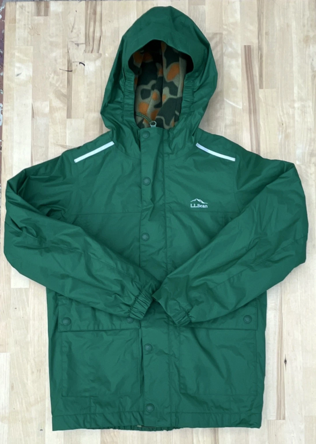 L.L.Bean Kids Hooded Rain Jacket Green Fleece Lined Full Zip Nylon Size S 8