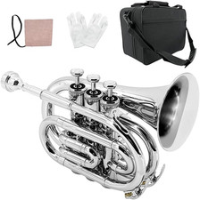 Bb Pocket Trumpet with Case,Mouthpiece, Cleaning Cloth Brass Musical Instruments