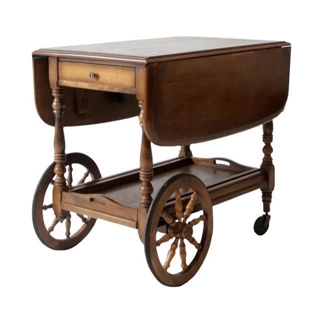 Wood Drop Leaf Serving Cart w/ Drawer, Shelf, Handle & 4 Wheels, Brown