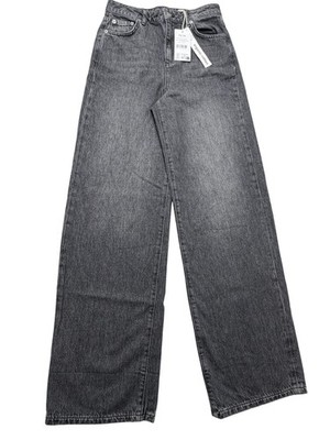NA-KD Jeans Womens EU 34 Dark Grey Fold Up Loose Denim Organic Cotton Wide Leg