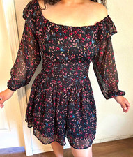American Eagle Black Floral Chiffon Mini Dress Off Shoulder Puff Sleeve Sz XS