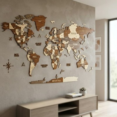 3D Holz Welt Wandbild, Mehrschichtige Reise Wandkunst mit Staaten und Kapitän...