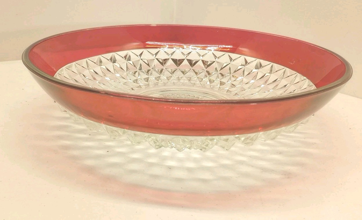 Indiana Glass Diamond Point 13.25” Ruby Red Salad,Fruit ,Candy Serving Bowl