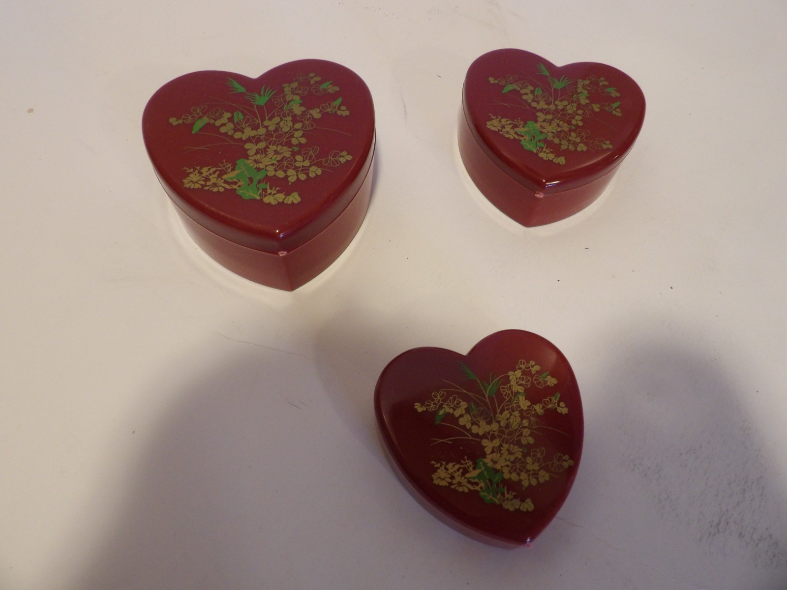 Vintage Red Nesting Heart Trinket Boxes Hong Kong - Plastic Floral Flowers Set 3