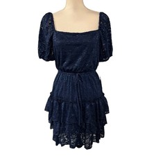 City Triangles Dress Blue Lace Tiered Mini Puff Sleeve Size M Wedding Guest