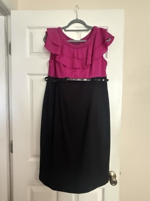 ALYX Women's Size 14 Pink/Black Sheath Knee Dress Chiffon Ruffle Belted Zip