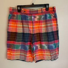Vintage Structure Mens 36 Madras Plaid Pleated Shorts Multicolor Cotton USA Made