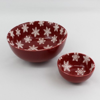 Set 2 Primitives By Kathy Schüssel Stoneware Nesting Rot Weiß Schneeflocken