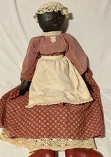 Antique American Black Oil-Cloth  Stuffed Stocking Lady Rag Doll w Painted Face
