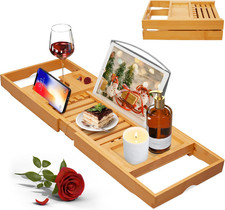 Luxury Bathtub Caddy Tray for Tub - Foldable Bamboo Bath Table Tray with Book an