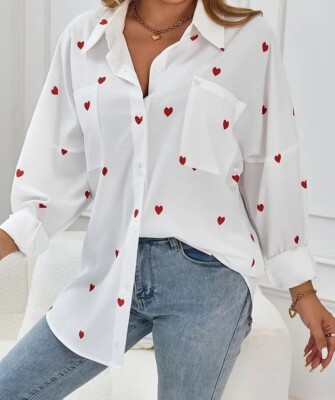 Women 14 XL Valentines top work blouse Shirt Red hearts love Minimalist Clean
