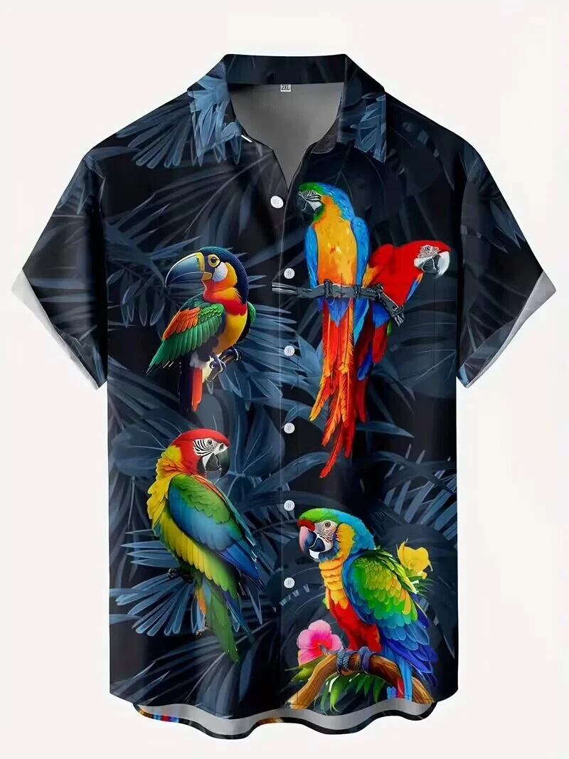 Camisa Hawaiana Estampado Gráfico Loros Abotonada Talla Grande
