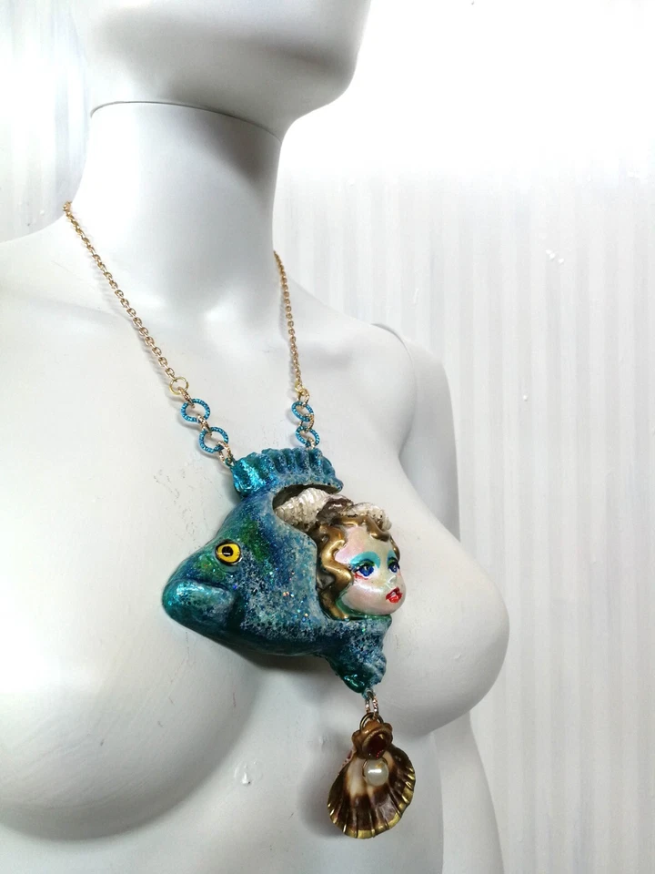 Joyería de pez azul Collar concha de Piscis Colgante Art Deco Muñeca Joyería Perlas Foto 3 de 4