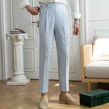 Summer Seersucker High Waist Straight Pants Blue Stripe Italian Casual Trousers