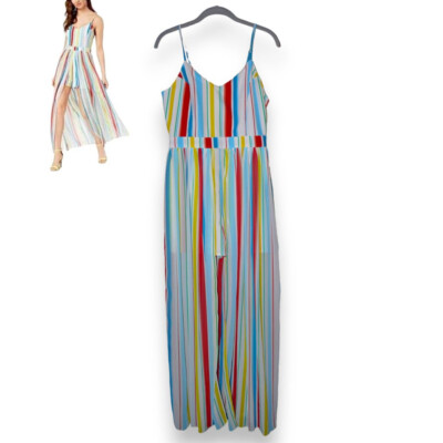 NWT XOXO Juniors' Beach Stripe Maxi Romper Tropical Blue
