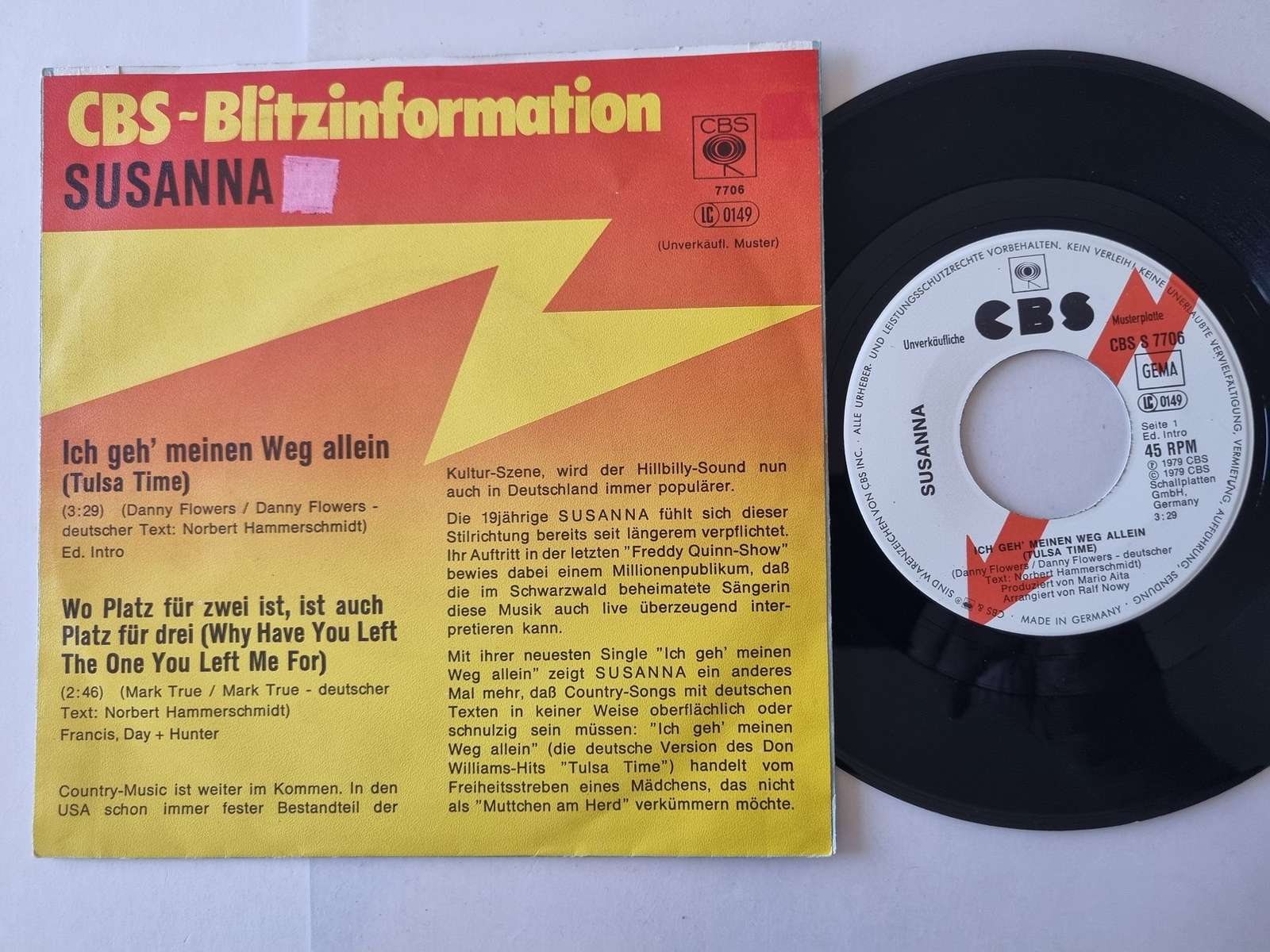 Susanna - Ich geh' meinen Weg allein 7'' Vinyl Germany PROMO/ CV Eric Clapton