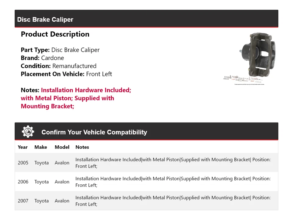 Pinza de freno de disco delantera izquierda cardone 2006 para Toyota Avalon 2005-2007 Foto 2 de 4