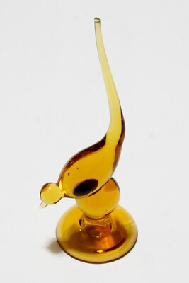 Viking Amber Glass Bird Figurine Epic Long Tail MCM 10'' Tall Vintage Art Glass