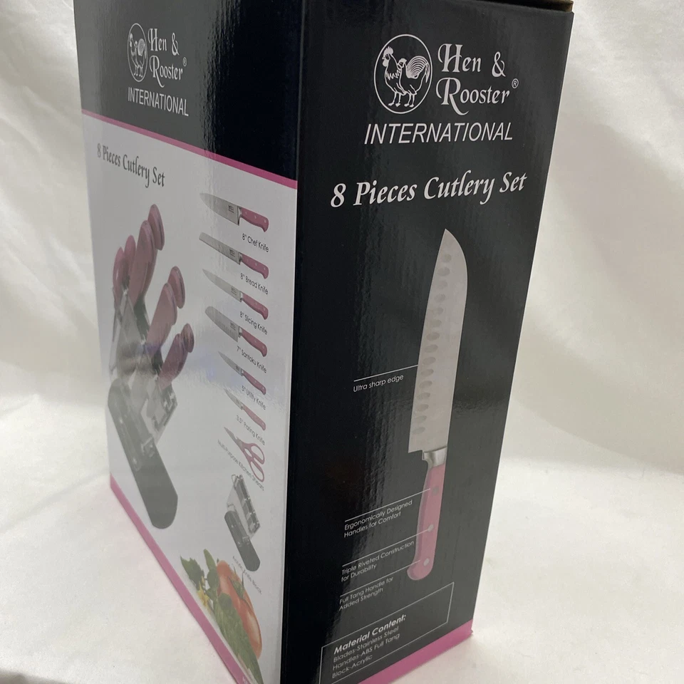 New-in-Box Hen & Rooster 8-Piece Kitchen Knife Set Pink HRI-036 Stainless — 第 4/4 张图片