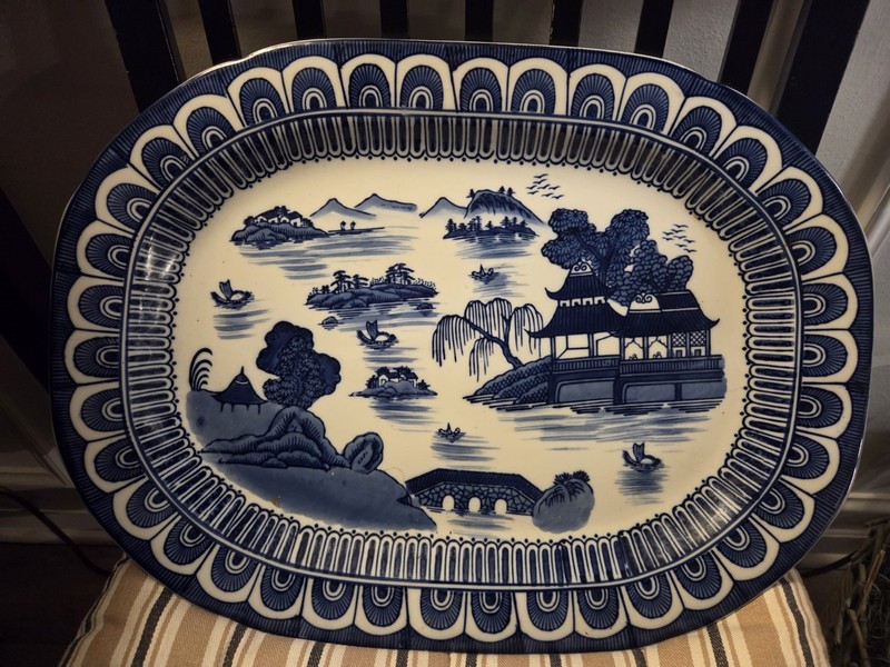 Vintage Chinese Serving Platter Blue Canton Hand Painted Porcelain 17.5L 13W