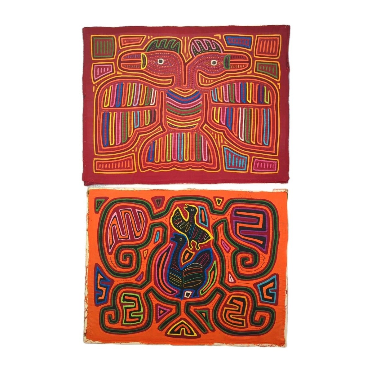 Set of 2 Vintage Kuna Mola Textile Panama Hand-Stitched Bird Folk