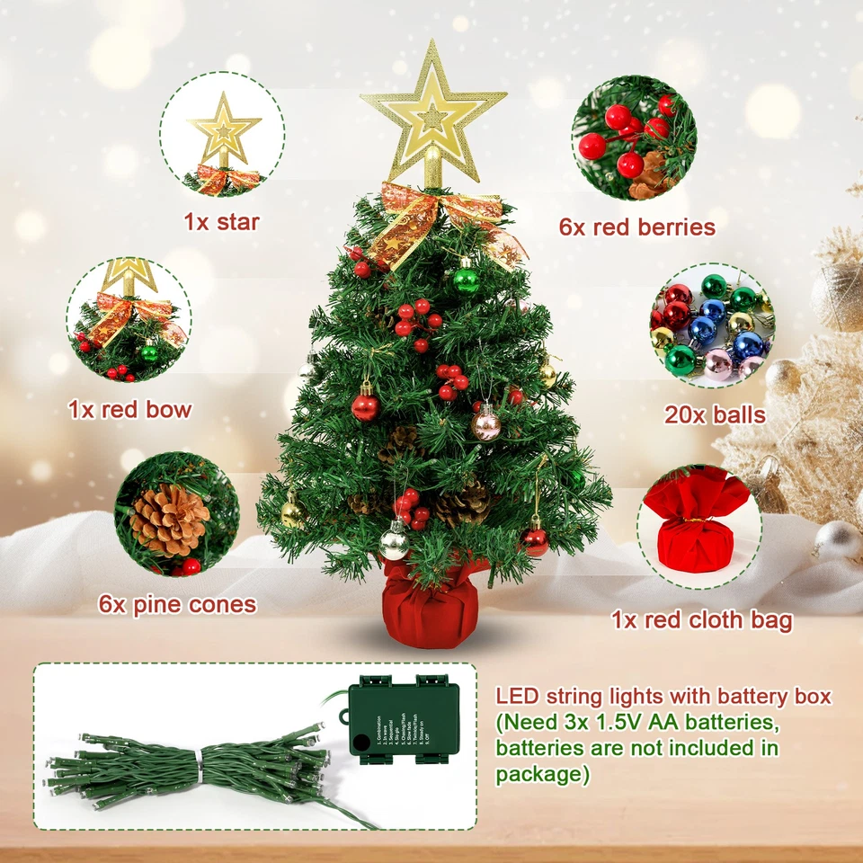 Mini Künstlicher Weihnachtsbaum Tannenbaum Beleuchtet Geschmückt Christbaum 60cm - Bild 2 von 4