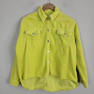 Zara Jacket Women S Neon Yellow Corduroy Cotton Hi Low Snap Collared Long Sleeve