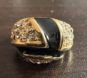 Vtg Ring Sz 6.5 Black Enamel Cocktail Rhinestones Domed Jewelry 18K GE 