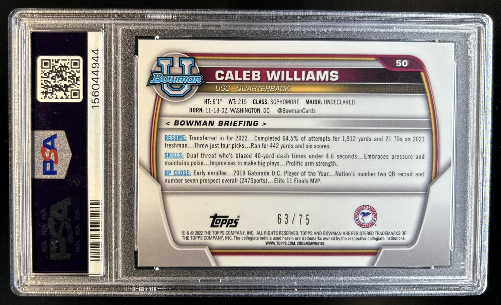 2022 Bowman University Chrome Caleb Williams Yellow Refractor #/75 PSA 10 view 2