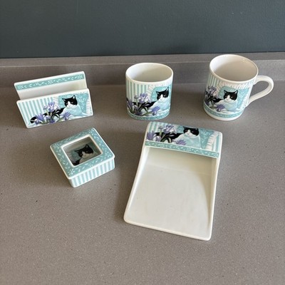 Vintage 1989 Hallmark Tuxedo Cat Ceramic Office Set Trinket Box  Pen Holder Cup