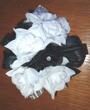 NEW 4.5" Artificial White Rose Wrist Corsage W/Black Bow, Tulle Rhinestone