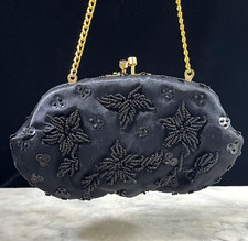 Black Vintage Beaded Chain Strap Evening Bag Purse Clutch Made In Hong Kong Vtg