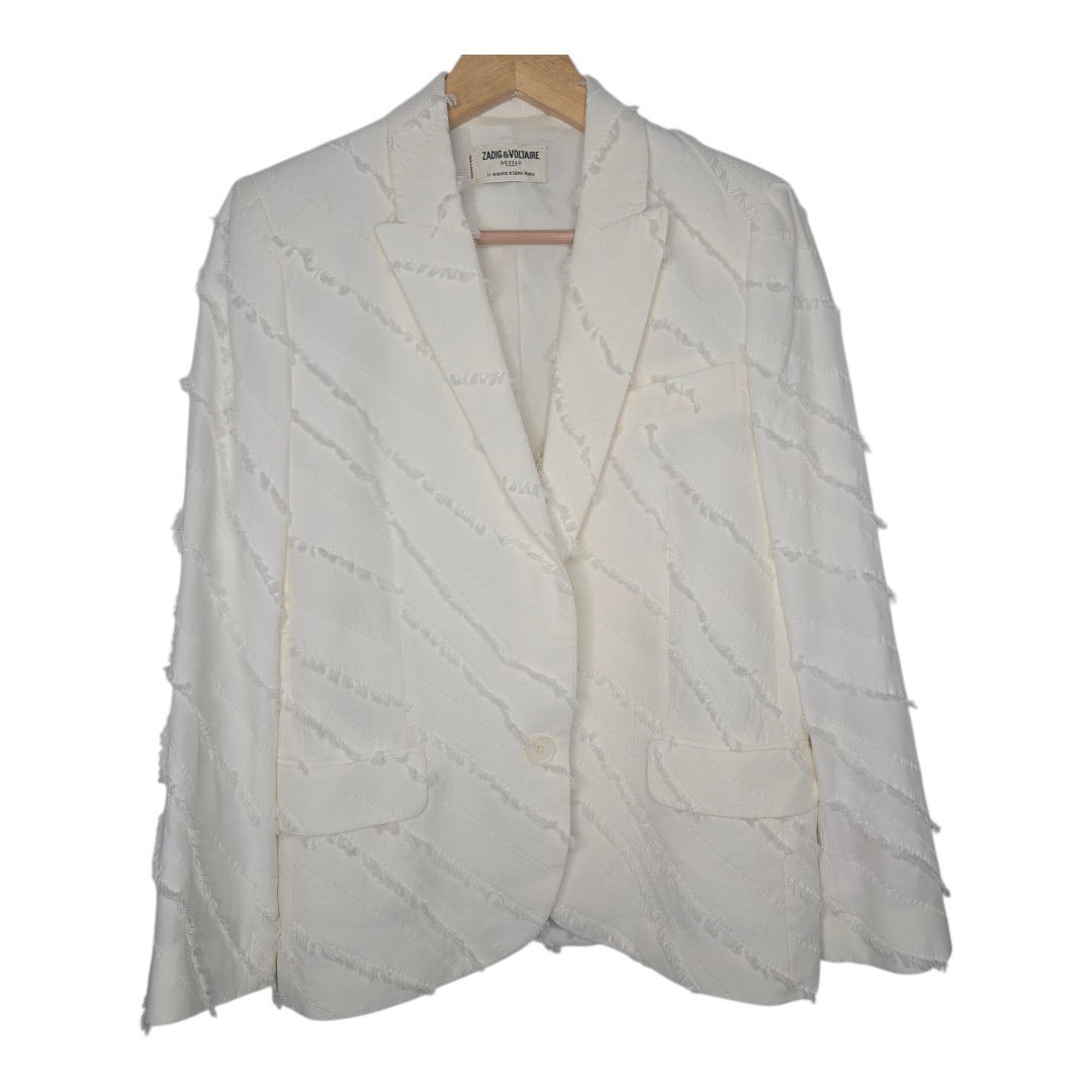Zadig & Voltaire Womens Ivory White Luxury Viking Fringe Blazer Size 34