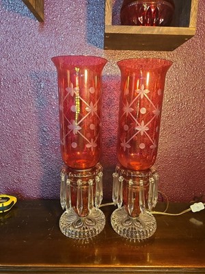 Vintage Pair Bohemian Cranbery Cut Crystal Table Lamp 1950s All Crystals EOC **