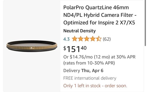 PolarPro QuartzLine 46mm ND4 Filter for DJI Inspire 2 X5/X5s/X7 Cameras - Picture 2 of 13
