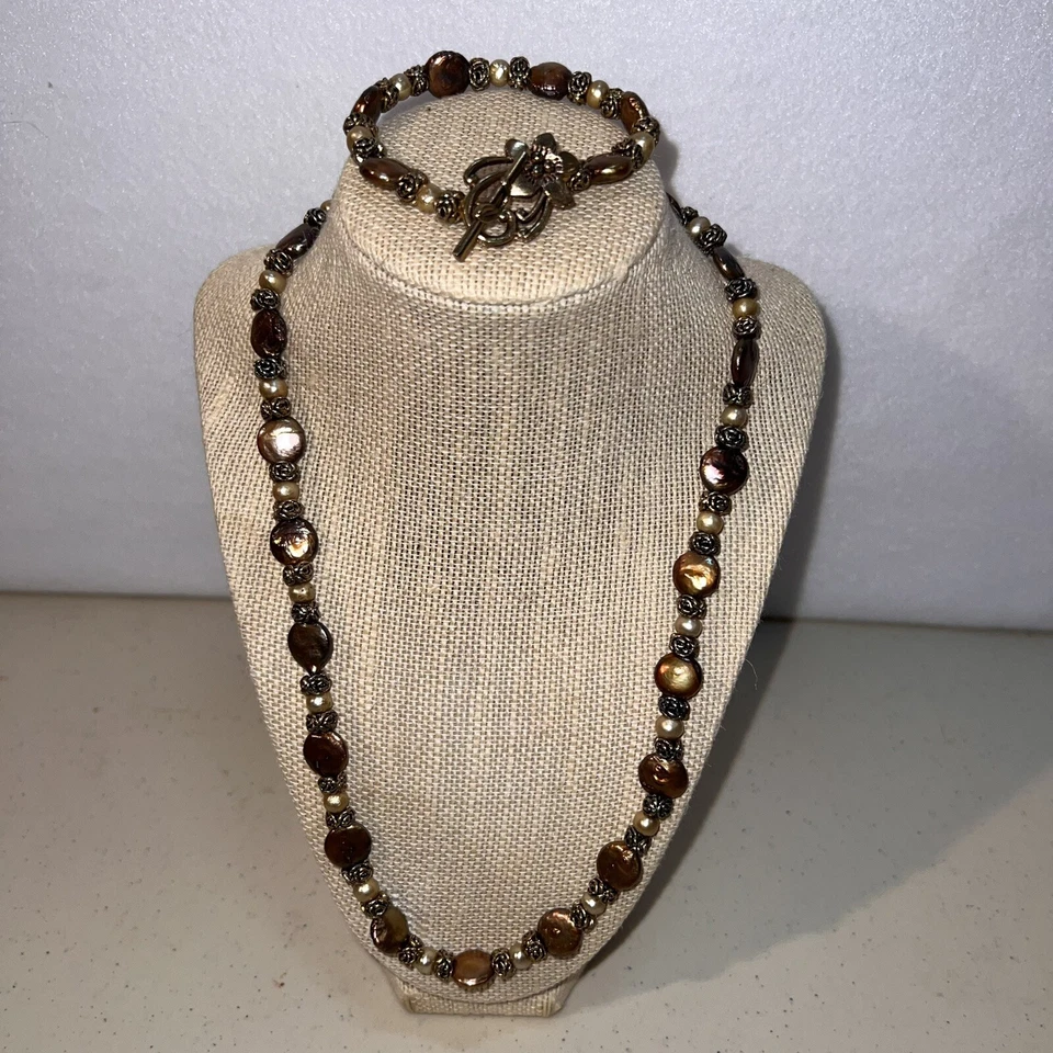 青铜硬币珍珠带锡土豆珍珠和金圆形珠宝套装 — 第 2/4 张图片