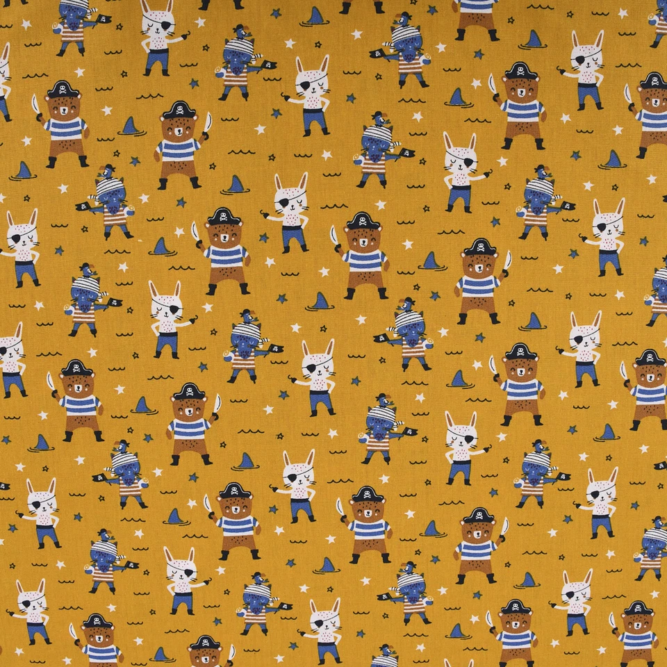 Baumwollstoff Popeline Pirat Hase Bär Sterne ocker blau braun 1,45m Breite - Bild 2 von 4