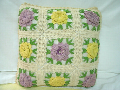 Vintage  Hand Crocheted RAISED ROSES  Pillow--Reversible--Red/yellow/lav--14/14 