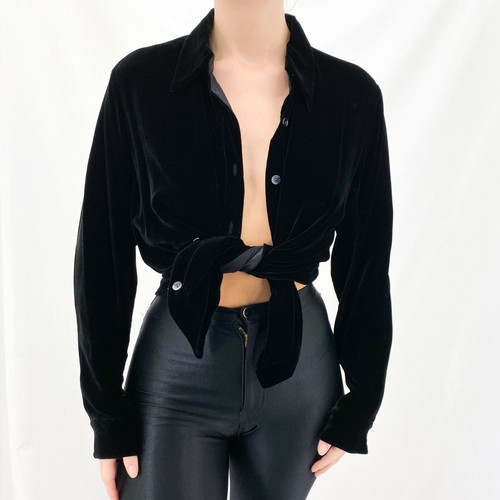 90s Black Velvet Button Down Shirt [L 