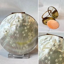 Mother Of Pearl Compact Rhinestone Floral Design Brass Makeup Mirror Powder Box