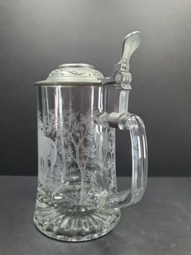 Beautiful Vintage German Glass Stein Zinc Lid Etched Deer - Picture 2 of 5