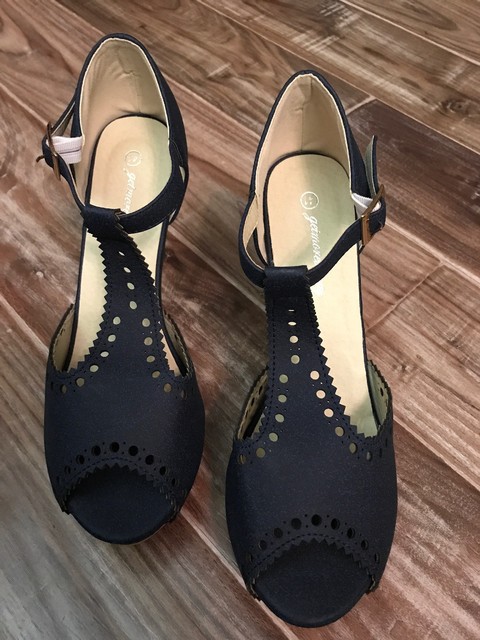 navy t strap heels
