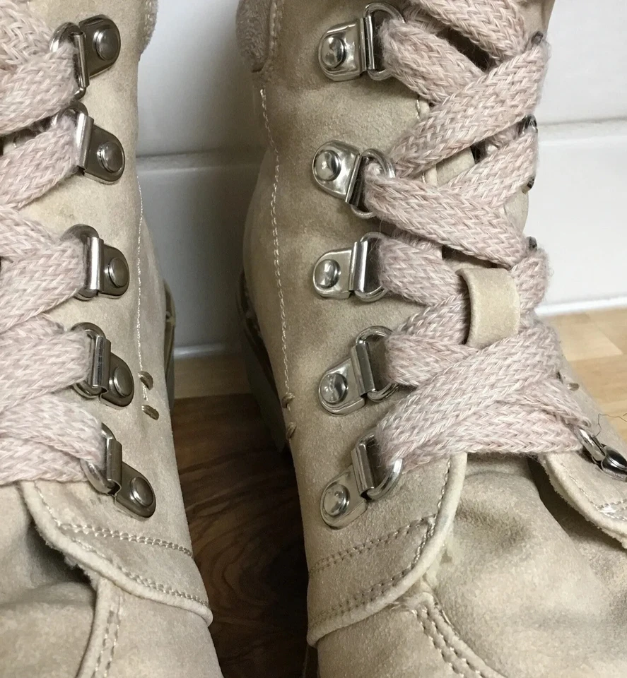 Mujeres Botines Talla 10 Marfil Gamuza Cuero Con Cordones Botas de Combate Lavandería Sucia Foto 4 de 4